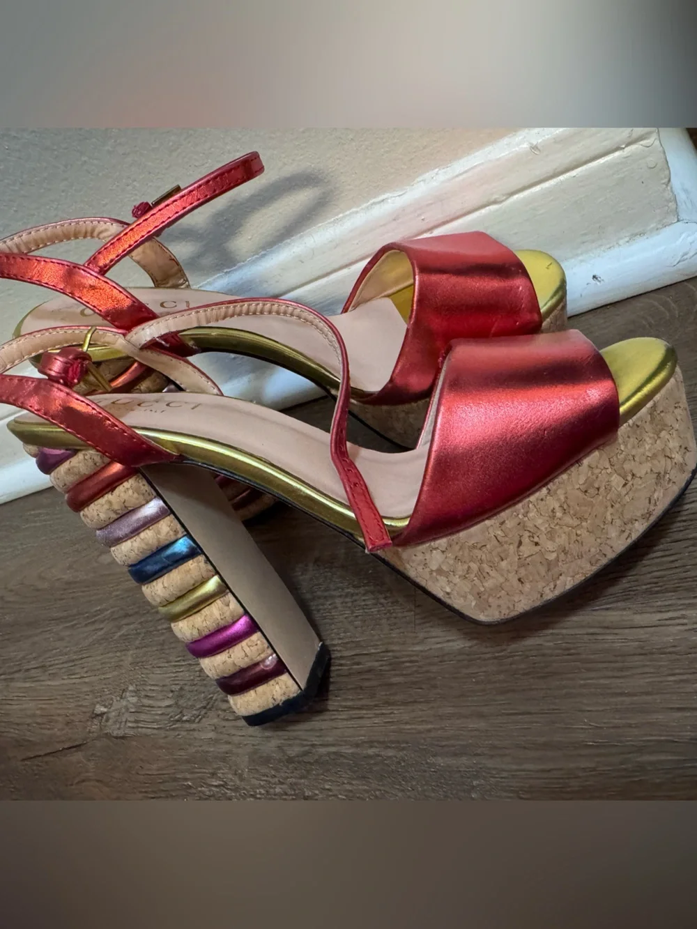 Gucci Metallic Red Platform Sandals with Rainbow Stacked Heel